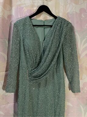 Embellished Draped Long-Sleeve Evening Dress in Seafoam
